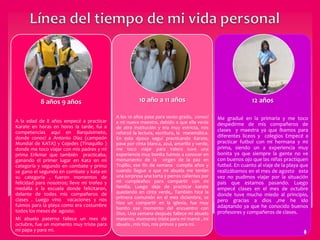 }
8 años 9 años
A la edad de 8 años empecé a practicar
Karate en horas en horas la tarde, fui a
competencias aquí en Barquisimeto,
donde conocí a Antonio Díaz (campeón
Mundial de KATA) y Cojedes (Tinaquillo )
donde me toco viajar con mis padres y mi
prima Erikmar que también practicaba,
ganando el primer lugar en Kata en mi
categoría y segundo en combate y prima
se gano el segundo en combate y kata en
su categoría , fueron momentos de
felicidad para nosotros; lleve mi trofeo y
medalla a la escuela donde felicitaron,
delante de todos mis compañeros de
clases . Luego vino vacaciones y nos
fuimos para la playa como era costumbre
todos los meses de agosto.
Mi abuelo paterno fallece un mes de
octubre, fue un momento muy triste para
mi papa y para mi.
10 año a 11 años
A los 10 años pase para sexto grado, conocí
a mi nueva maestra, debido a que ella venía
de otra institución y era muy estricta, nos
reforzó la lectura, escritura, la matemática.
En esta época seguí practicando Karate,
pase por cinta blanca, azul, amarilla y verde,
me toco viajar para Valera tuve una
experiencia muy bonita fuimos a conocer en
monumento de la virgen de la paz en
Trujillo, ese fin de semana cumplía años y
cuando llegue a que mi abuela me tenían
una sorpresa una torta y perros calientes por
mi cumpleaños para compartir con mi
familia. Luego deje de practicar karate
quedando en cinta verde,. También hice la
primera comunión en el mes diciembre, se
hizo un compartir en la iglesia, fue muy
bonito ese momento del encuentro con
Dios. Una semana después fallece mi abuelo
materno, momento triste para mi mamá , mi
abuela , mis tíos, mis primos y para mi.
12 años
Me gradué en la primaria y me toco
despedirme de mis compañeros de
clases y maestra ya que íbamos para
diferentes liceos y colegios Empecé a
practicar futbol con mi hermana y mi
prima, siendo un a experiencia muy
bonita ya que siempre la gente no ve
con buenos ojo que las niñas practiquen
futbol. En cuanto al viaje de la playa que
realizábamos en el mes de agosto esta
vez no pudimos viajar por la situación
país que estamos pasando. Luego
empecé clases en el mes de octubre
donde tuve mucho miedo al principio,
pero gracias a dios ,me he ido
adaptando ya que he conocido buenos
profesores y compañeros de clases.
 
