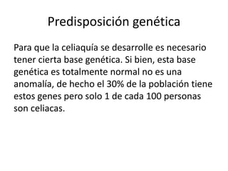 Predisposición genética
Para que la celiaquía se desarrolle es necesario
tener cierta base genética. Si bien, esta base
genética es totalmente normal no es una
anomalía, de hecho el 30% de la población tiene
estos genes pero solo 1 de cada 100 personas
son celiacas.
 