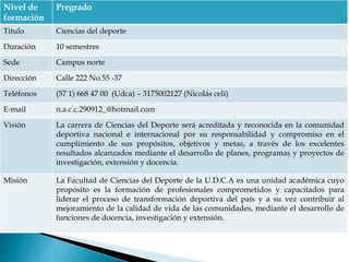 Nivel de
formación
Pregrado
Titulo Ciencias del deporte
Duración 10 semestres
Sede Campus norte
Dirección Calle 222 No.55 -37
Teléfonos (57 1) 668 47 00 (Udca) – 3175002127 (Nicolás celi)
E-mail n.a.c.c.290912_@hotmail.com
Visión La carrera de Ciencias del Deporte será acreditada y reconocida en la comunidad
deportiva nacional e internacional por su responsabilidad y compromiso en el
cumplimiento de sus propósitos, objetivos y metas, a través de los excelentes
resultados alcanzados mediante el desarrollo de planes, programas y proyectos de
investigación, extensión y docencia.
Misión La Facultad de Ciencias del Deporte de la U.D.C.A es una unidad académica cuyo
propósito es la formación de profesionales comprometidos y capacitados para
liderar el proceso de transformación deportiva del país y a su vez contribuir al
mejoramiento de la calidad de vida de las comunidades, mediante el desarrollo de
funciones de docencia, investigación y extensión.
 