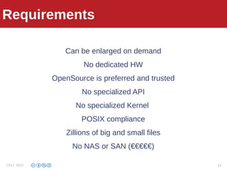 What we do with GFS
Can be enlarged on demand
No dedicated HW
OpenSource is preferred and trusted
No specialized API
No specialized Kernel
POSIX compliance
Zillions of big and small files
No NAS or SAN (€€€€€)
Requirements
CELI 2015 11
 