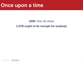 Once upon a time
2008: One nfs share
1,5TB ought to be enough for anybody
Once upon a time
CELI 2015 7
 