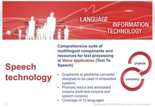 @copyright 2014 CELI / Me-Source / Cross Library
Comprehensive suite of
multilingual components and
resources for text processing
in Voice application (Text To
Speech)
• Grapheme to phoheme converter
designed to be used in embedded
systems
• Phonetic lexica and annotaded
corpora (both text corpora and
speech corpora)
• Coverage of 15 languages
projects
consulting
Speech
technology
12
 
