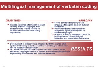 @copyright 2014 CELI / Me-Source / Cross Library
Development of infrastructure integrated with the client’s CRM
system that manages continuous flux of multilingual information
and its automatic classification
The client receives automatically classified information for all
requested languages and has a view of its customer satisfaction in
significantly reduced time and costs of translation
Provide classified information received
in many different languages from
customer care centers located in
different countries to a marketing
department
OBJECTIVES APPROACH
Create common taxonomy for all
languages taking into account cultural
differences
Develop software and lingware for
analysis of high volume of data in
different languages
Organize a team of language experts for
development of the multilingual
resources and quality check of results
RESULTS
Multilingual management of verbatim coding
20
 