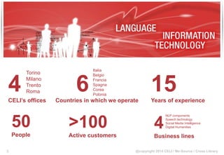 @copyright 2014 CELI / Me-Source / Cross Library
4CELI’s offices
Torino
Milano
Trento
Roma 6Countries in which we operate
Italia
Belgio
Francia
Spagna
Corea
Polonia
50
People
>100
Active customers
4
Business lines
15Years of experience
NLP components
Speech technology
Social Media Intelligence
Digital Humanities
3
 