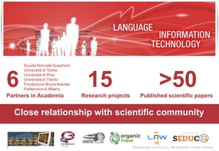 @copyright 2014 CELI / Me-Source / Cross Library
>50Published scientific papers
15Research projects
Close relationship with scientific community
6Partners in Academia
Scuola Normale Superiore
Università di Torino
Università di Pisa
Università di Trento
Fondazione Bruno Kessler
Politecnico di Milano
4
 