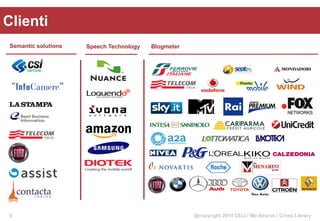 @copyright 2014 CELI / Me-Source / Cross Library
Clienti
Speech TechnologySemantic solutions Blogmeter
6
 