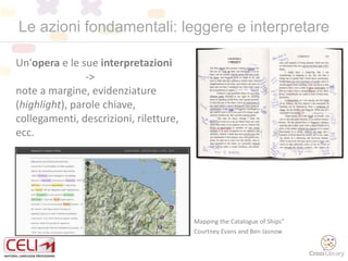 Le azioni fondamentali: leggere e interpretare
Un'opera e le sue interpretazioni
->
note a margine, evidenziature
(highlight), parole chiave,
collegamenti, descrizioni, riletture,
ecc.
Mapping the Catalogue of Ships"
Courtney Evans and Ben Jasnow
 