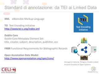 Standard di annotazione: da TEI ai Linked Data
XML eXtensible Markup Language
TEI Text Encoding Initiative
http://www.tei-c.org/index.xml
Dublin Core
Dublin Core Metadata Element Set:
title, creator, subject, description, publisher, ecc
FRBR Functional Requirements for Bibliographic Records
Open Annotation Data Model
http://www.openannotation.org/spec/core/
Immagine tratta da Pelagios: Enable Linked
Ancient Geodata In Open Systems
 