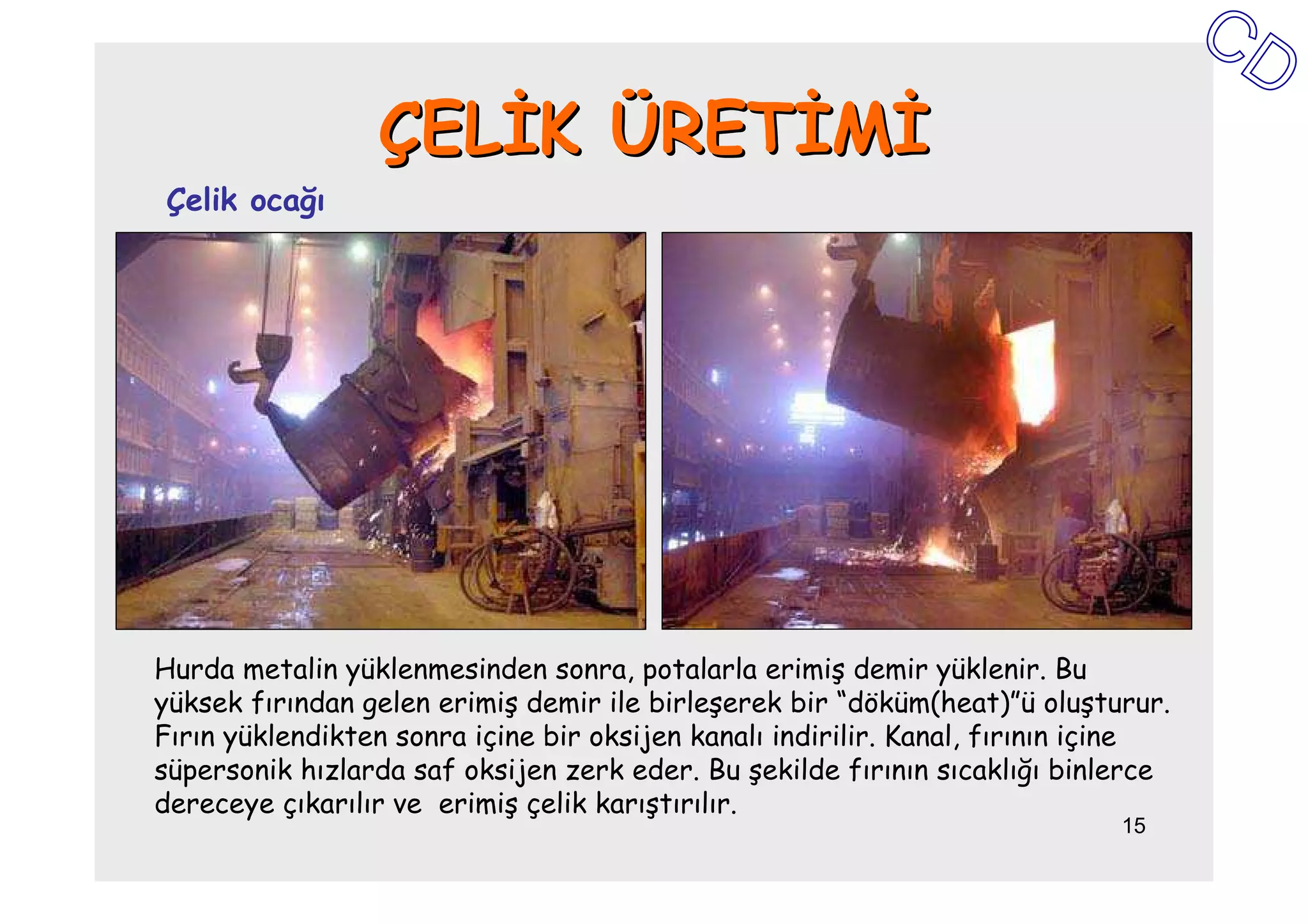 ÇELĐK ÜRETĐMĐ
Çelik ocağı




Hurda metalin yüklenmesinden sonra, potalarla erimiş demir yüklenir. Bu
yüksek fırından gelen erimiş demir ile birleşerek bir “döküm(heat)”ü oluşturur.
Fırın yüklendikten sonra içine bir oksijen kanalı indirilir. Kanal, fırının içine
süpersonik hızlarda saf oksijen zerk eder. Bu şekilde fırının sıcaklığı binlerce
dereceye çıkarılır ve erimiş çelik karıştırılır.
                                                                             15
 