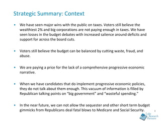 Strategic Summary: Context
•   We have seen major wins with the public on taxes. Voters still believe the
    wealthiest 2% and big corporations are not paying enough in taxes. We have
    seen losses in the budget debates with increased salience around deficits and
    support for across the board cuts.

•   Voters still believe the budget can be balanced by cutting waste, fraud, and
    abuse.

•   We are paying a price for the lack of a comprehensive progressive economic
    narrative.

•   When we have candidates that do implement progressive economic policies,
    they do not talk about them enough. This vacuum of information is filled by
    Republican talking points on “big government” and “wasteful spending.”

•   In the near future, we can not allow the sequester and other short term budget
    gimmicks from Republicans deal fatal blows to Medicare and Social Security.      2
 