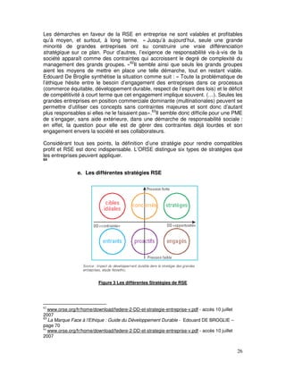 Les démarches en faveur de la RSE en entreprise ne sont valables et profitables
qu’à moyen, et surtout, à long terme. « Jusqu’à aujourd’hui, seule une grande
minorité de grandes entreprises ont su construire une vraie différenciation
stratégique sur ce plan. Pour d’autres, l’exigence de responsabilité vis-à-vis de la
société apparaît comme des contraintes qui accroissent le degré de complexité du
management des grands groupes. »62Il semble ainsi que seuls les grands groupes
aient les moyens de mettre en place une telle démarche, tout en restant viable.
Edouard De Broglie synthétise la situation comme suit : « Toute la problématique de
l’éthique hésite entre le besoin d’engagement des entreprises dans ce processus
(commerce équitable, développement durable, respect de l’esprit des lois) et le déficit
de compétitivité à court terme que cet engagement implique souvent. (…). Seules les
grandes entreprises en position commerciale dominante (multinationales) peuvent se
permettre d’utiliser ces concepts sans contraintes majeures et sont donc d’autant
plus responsables si elles ne le faisaient pas».63Il semble donc difficile pour une PME
de s’engager, sans aide extérieure, dans une démarche de responsabilité sociale :
en effet, la question pour elle est de gérer des contraintes déjà lourdes et son
engagement envers la société et ses collaborateurs.

Considérant tous ses points, la définition d’une stratégie pour rendre compatibles
profit et RSE est donc indispensable. L’ORSE distingue six types de stratégies que
les entreprises peuvent appliquer.
64


                e. Les différentes stratégies RSE




                          Figure 3 Les différentes Stratégies de RSE




62
   www.orse.org/fr/home/download/federe-2-DD-et-strategie-entreprise-v.pdf - accès 10 juillet
2007
63
   La Marque Face à l’Ethique : Guide du Développement Durable - Edouard DE BROGLIE –
page 70
64
   www.orse.org/fr/home/download/federe-2-DD-et-strategie-entreprise-v.pdf - accès 10 juillet
2007


                                                                                                26
 