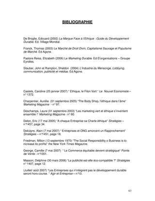 BIBLIOGRAPHIE



De Broglie, Edouard (2002) La Marque Face à l’Ethique : Guide du Développement
Durable. Ed. Village Mondial.

Franck, Thomas (2003) Le Marché de Droit Divin, Capitalisme Sauvage et Populisme
de Marché. Ed Agone.

Pastore Reiss, Elizabeth (2006) Le Marketing Durable. Ed D’organisations – Groupe
Eyrolles.

Stauber, John et Rampton, Sheldon (2004) L’Industrie du Mensonge, Lobbying,
communication, publicité et médias. Ed Agone.




Castets, Caroline (25 janvier 2007) “ Ethique, le Filon Vert “ Le Nouvel Economiste –
n° 1372.

Charpentier, Aurélie (01 septembre 2005) “The Body Shop, l’éthique dans l’âme“
Marketing Magazine - n° 97.

Deschamps, Laure (01 septembre 2003) “Les marketing vert et éthique s’inventent
ensemble !“ Marketing Magazine - n° 80.

Delon, Eric (17 mai 2005) “A chaque Entreprise sa Charte éthique“ Stratégies –
n°1457, page 34.

Delcayre, Alain (7 mai 2007) “ Entreprises et ONG amorcent un Rapprochement“
Stratégies – n°1451, page 18.

Friedman, Milton (13 septembre 1970) “The Social Responsibility o Business is to
increase its profits“ the New York Times Magazine.

George, Camille (7 mai 2007) “ Le Commerce équitable devient stratégique“ Points
de Vente - n°1001.

Masson, Delphine (30 mars 2006) “La publicité est-elle éco-compatible ?“ Stratégies
n° 1407, page 12.

(Juillet/ août 2007) “Les Entreprises qui n’intègrent pas le développement durable
seront hors course. “ Agir et Entreprise – n° 10.




                                                                                     63
 