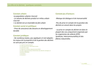 La ville et le déchet,  quelques constats 



      Constat urbain:                                                          Constat jeu d’acteurs: 
      ‐ La popula(on urbaine s’accroit 
      ‐  Le volume de déchets produit en milieu urbain                         ‐ Manque de dialogue et de transversalité 
      s’accroit 
      > Le déchet est un invariable du fait urbain                             ‐ Peu de prise en compte de la ques(on des 
                                                                               déchets en amont dans les projets 
      Constat social et poli(que: 
      ‐ Prise de conscience des besoins en développement 
                                                                               ‐  La prise en compte du déchet est dans la 
      durable 
                                                                               plupart des cas uniquement organisée par 
                                                                               les organismes de collecte (EPCI, 
      Constat juridique:                                                       Syndicats, Intercommunalités) et des 
      ‐ De nombreux textes, peu appliqués et mal adaptés:                      ﬁlières industrielles 
      les enjeux de la propreté et de la ges(on des déchets 
      ne sont pas pris en compte: 
              Le code de l’environnement 
              Le code général des collec(vités locales 
              Le code de la route 
              Le règlement sanitaire départemental (RSD) 
              Les plans départementaux d’élimina(on des déchets ménagers et 
              assimilés (PDEDMA) 
              Le Grenelle 1 
              Le Grenelle 2 
 