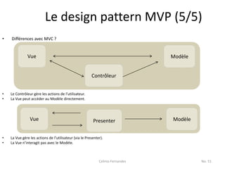 Le design pattern MVP (5/5)
•   Différences avec MVC ?


              Vue                                                                Modèle


                                                        Contrôleur


•   Le Contrôleur gère les actions de l’utilisateur.
•   La Vue peut accéder au Modèle directement.




                Vue                                      Presenter               Modèle


•   La Vue gère les actions de l’utilisateur (via le Presenter).
•   La Vue n’interagit pas avec le Modèle.



                                                             Celinio Fernandes            No. 51
 