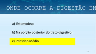34
a) Estomodeu;
b) Na porção posterior do trato digestivo;
c) Intestino Médio.
ONDE OCORRE A DIGESTÃO EN
 