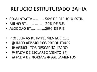 REFUGIO ESTRUTURADO BAHIA
• SOJA INTACTA ………… 50% DE REFUGIO ESTR.
• MILHO BT…………………20% DE R.E.
• ALGODAO BT……………20% DE R.E.
• PROBLEMAS DE IMPLEMENTAR R.E.:
• @ IMEDIATISMO DOS PRODUTORES
• @ AGRICULTOR DESCAPITALIZADO
• @ FALTA DE ESCLARECIMENTO(??)
• @ FALTA DE NORMAS/REGULAMENTOS
 