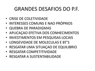 GRANDES DESAFIOS DO P.F.
• CRISE DE COLETIVIDADE
• INTERESSES COMUNS E NAO PRÓPRIOS
• QUEBRA DE PARADIGMAS
• APLICAÇAO EFETIVA DOS CONHECIMENTOS
• INVESTIMENTOS EM PESQUISAS LOCAIS
• LONGEVIDADE DE MOLECULAS E BT’S
• RESGATAR UMA SITUAÇAO DE EQUILIBRIO
• RESGATAR COMPETITIVIDADE
• RESGATAR A SUSTENTABILIDADE
 