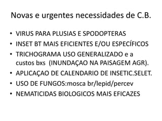 Novas e urgentes necessidades de C.B.
• VIRUS PARA PLUSIAS E SPODOPTERAS
• INSET BT MAIS EFICIENTES E/OU ESPECÍFICOS
• TRICHOGRAMA USO GENERALIZADO e a
custos bxs (INUNDAÇAO NA PAISAGEM AGR).
• APLICAÇAO DE CALENDARIO DE INSETIC.SELET.
• USO DE FUNGOS:mosca br/lepid/percev
• NEMATICIDAS BIOLOGICOS MAIS EFICAZES
 