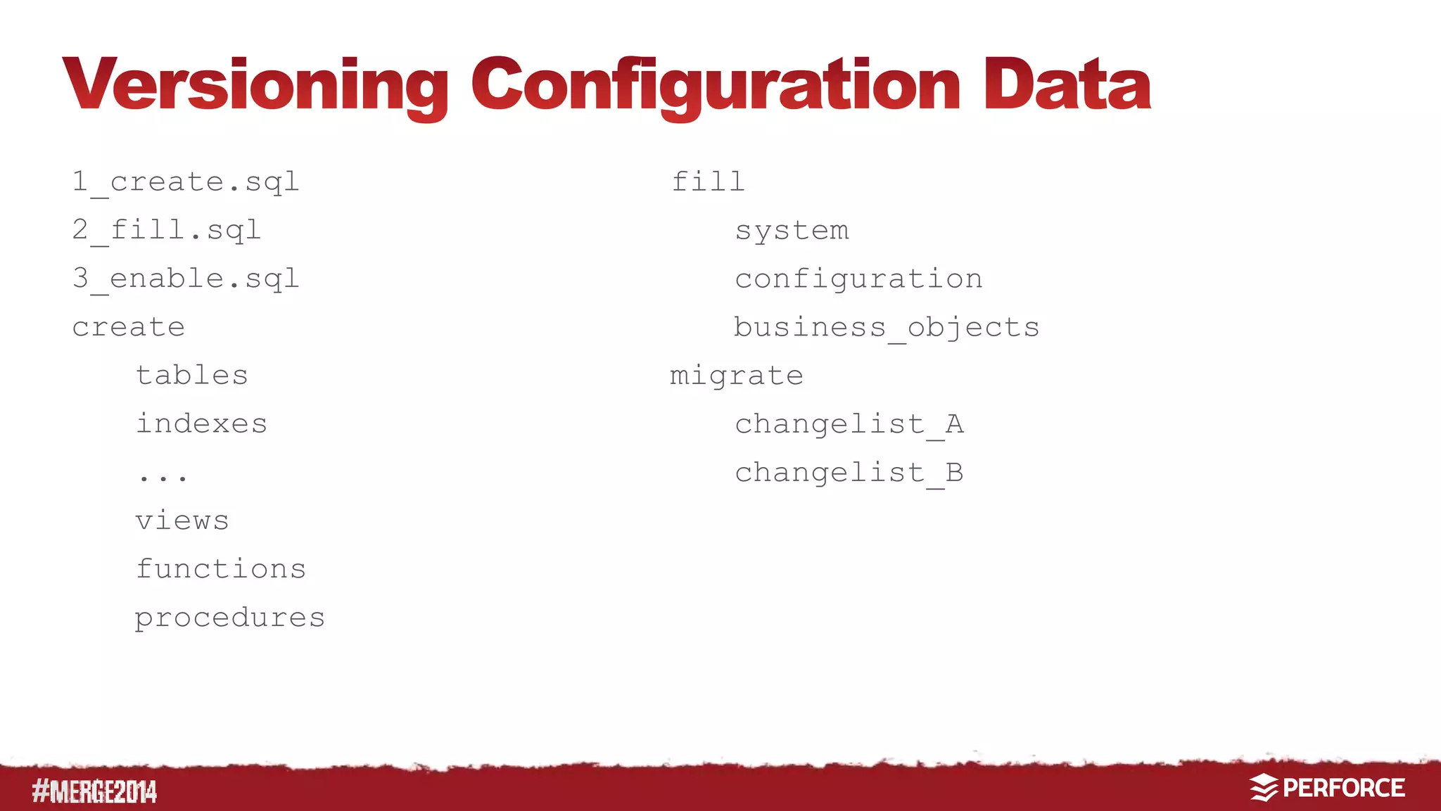 # 
1_create.sql 
2_fill.sql 
3_enable.sql 
create 
tables 
indexes 
... 
views 
functions 
procedures 
fill 
system 
configuration 
business_objects 
migrate 
changelist_A 
changelist_B 
 