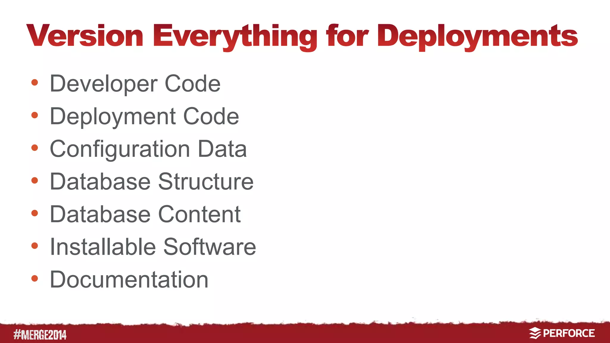 # 
• Developer Code 
• Deployment Code 
• Configuration Data 
• Database Structure 
• Database Content 
• Installable Software 
• Documentation 
 