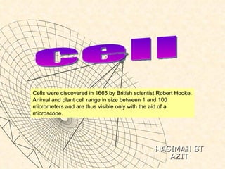 Cells were discovered in 1665 by British scientist Robert Hooke.
Animal and plant cell range in size between 1 and 100
micrometers and are thus visible only with the aid of a
microscope.




                                                 HASIMAH BT
                                                    AZIT
 