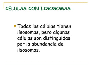 CELULAS CON LISOSOMAS


     Todas las células tienen
      lisosomas, pero algunas
      células son distinguidas
      por la abundancia de
      lisosomas.
 