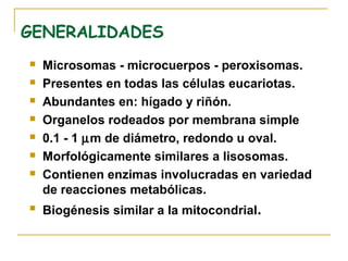 GENERALIDADES
   Microsomas - microcuerpos - peroxisomas.
   Presentes en todas las células eucariotas.
   Abundantes en: hígado y riñón.
   Organelos rodeados por membrana simple
   0.1 - 1 µm de diámetro, redondo u oval.
   Morfológicamente similares a lisosomas.
   Contienen enzimas involucradas en variedad
    de reacciones metabólicas.
   Biogénesis similar a la mitocondrial.
 