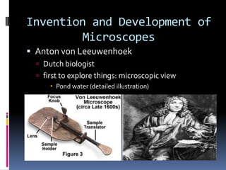 Invention and Development of
Microscopes
 Anton von Leeuwenhoek
 Dutch biologist

 first to explore things: microscopic view
 Pond water (detailed illustration)

 