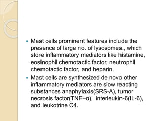  Mast cells prominent features include the
presence of large no. of lysosomes., which
store inflammatory mediators like histamine,
eosinophil chemotactic factor, neutrophil
chemotactic factor, and heparin.
 Mast cells are synthesized de novo other
inflammatory mediators are slow reacting
substances anaphylaxis(SRS-A), tumor
necrosis factor(TNF–α), interleukin-6(IL-6),
and leukotrine C4.
 