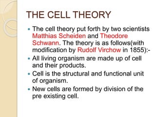 THE CELL THEORY
 The cell theory put forth by two scientists
Matthias Scheiden and Theodore
Schwann. The theory is as follows(with
modification by Rudolf Virchow in 1855):-
 All living organism are made up of cell
and their products.
 Cell is the structural and functional unit
of organism.
 New cells are formed by division of the
pre existing cell.
 
