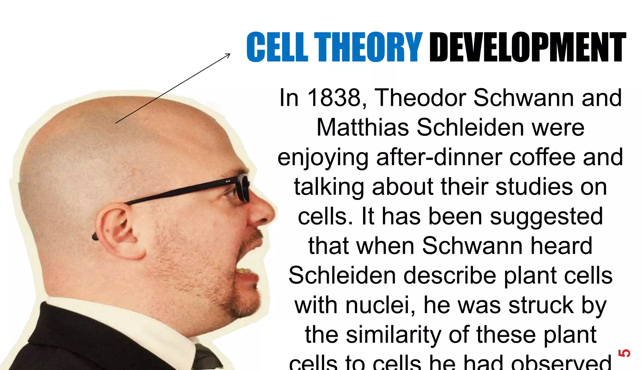 In 1838, Theodor Schwann and
Matthias Schleiden were
enjoying after-dinner coffee and
talking about their studies on
cells. It has been suggested
that when Schwann heard
Schleiden describe plant cells
with nuclei, he was struck by
the similarity of these plant
CELL THEORY DEVELOPMENT
5
 
