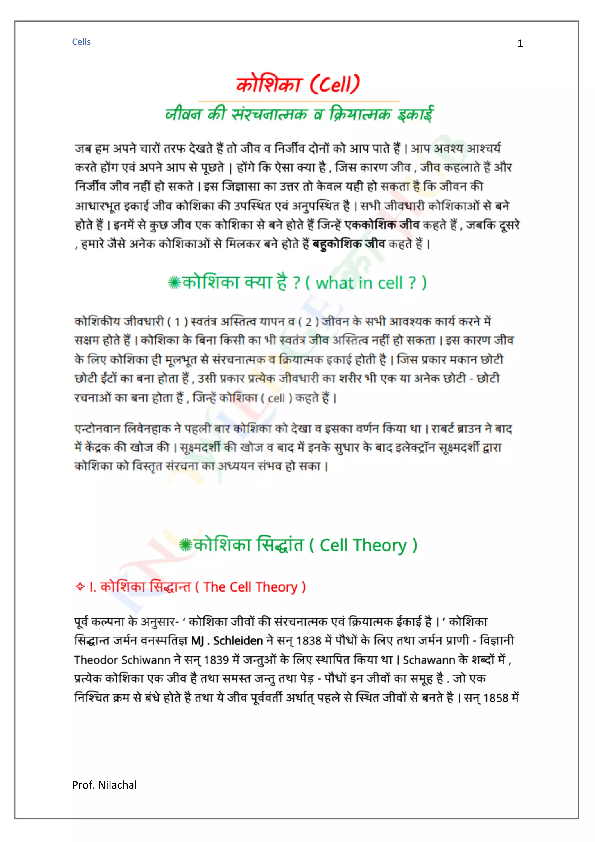 Cell and Its Structure and Function (Hindi) | PDF