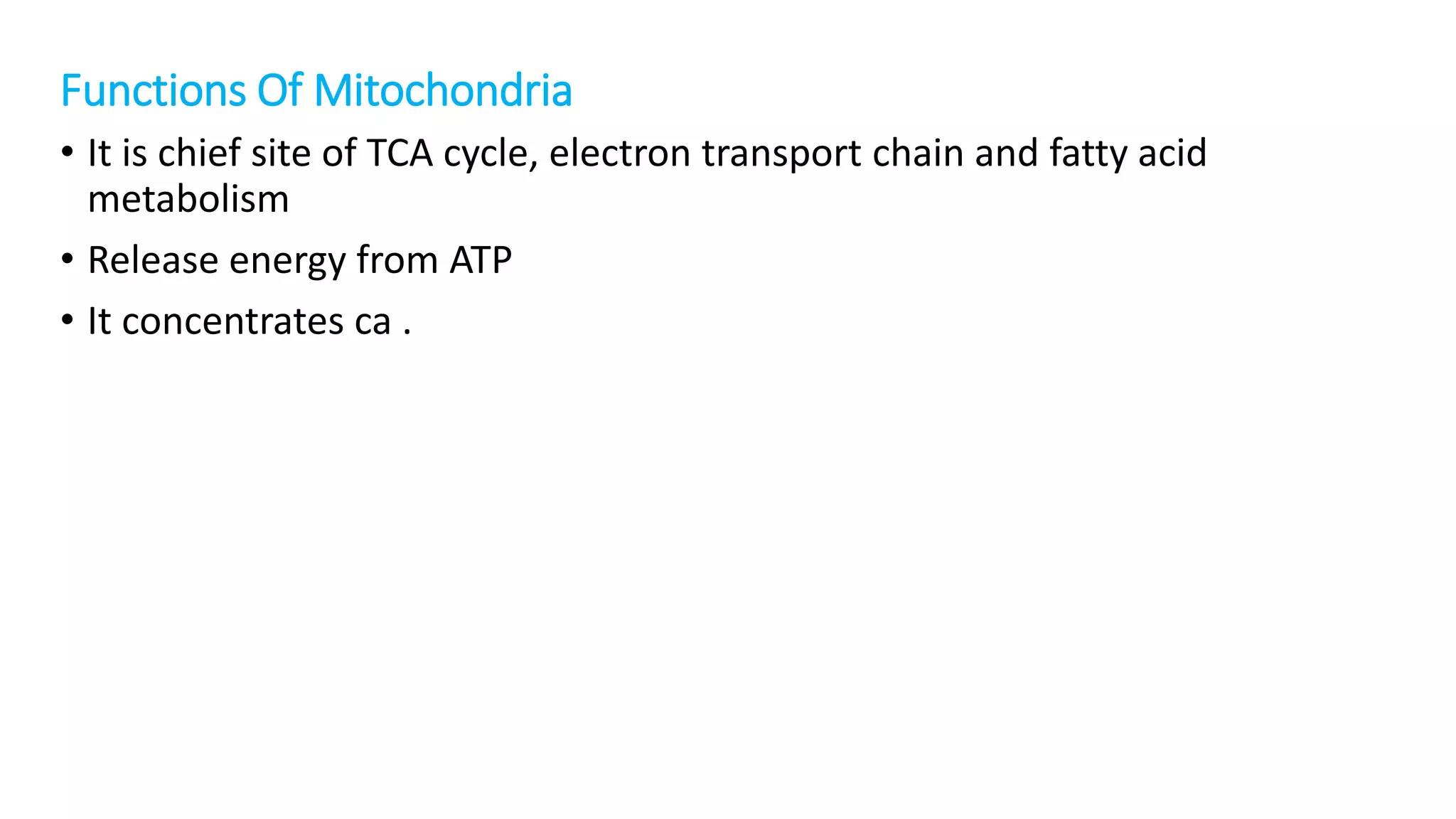 Functions Of Mitochondria
• It is chief site of TCA cycle, electron transport chain and fatty acid
metabolism
• Release energy from ATP
• It concentrates ca .
 