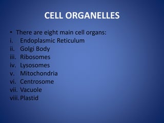 CELL ORGANELLES
• There are eight main cell organs:
i. Endoplasmic Reticulum
ii. Golgi Body
iii. Ribosomes
iv. Lysosomes
v. Mitochondria
vi. Centrosome
vii. Vacuole
viii.Plastid
 