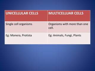 UNICELLULAR CELLS MULTICELLUAR CELLS
Single cell organisms Organisms with more than one
cell.
Eg: Monera, Protista Eg: Animals, Fungi, Plants
 