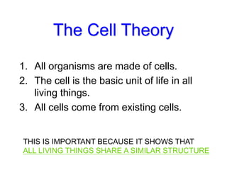 The Cell Theory
1. All organisms are made of cells.
2. The cell is the basic unit of life in all
living things.
3. All cells come from existing cells.
THIS IS IMPORTANT BECAUSE IT SHOWS THAT
ALL LIVING THINGS SHARE A SIMILAR STRUCTURE
 