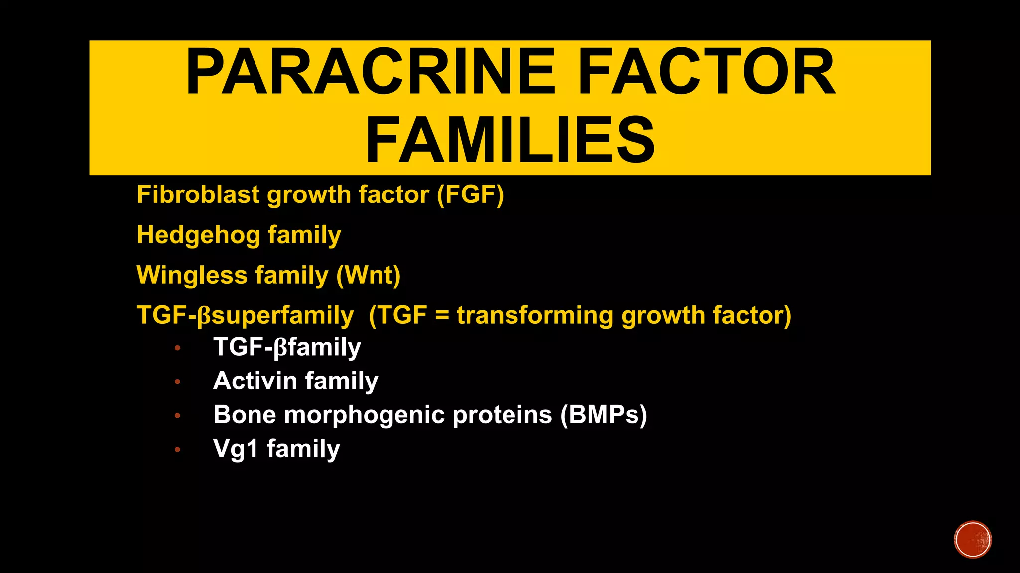 PARACRINE FACTOR
FAMILIES
Fibroblast growth factor (FGF)
Hedgehog family
Wingless family (Wnt)
TGF-βsuperfamily (TGF = transforming growth factor)
• TGF-βfamily
• Activin family
• Bone morphogenic proteins (BMPs)
• Vg1 family
 