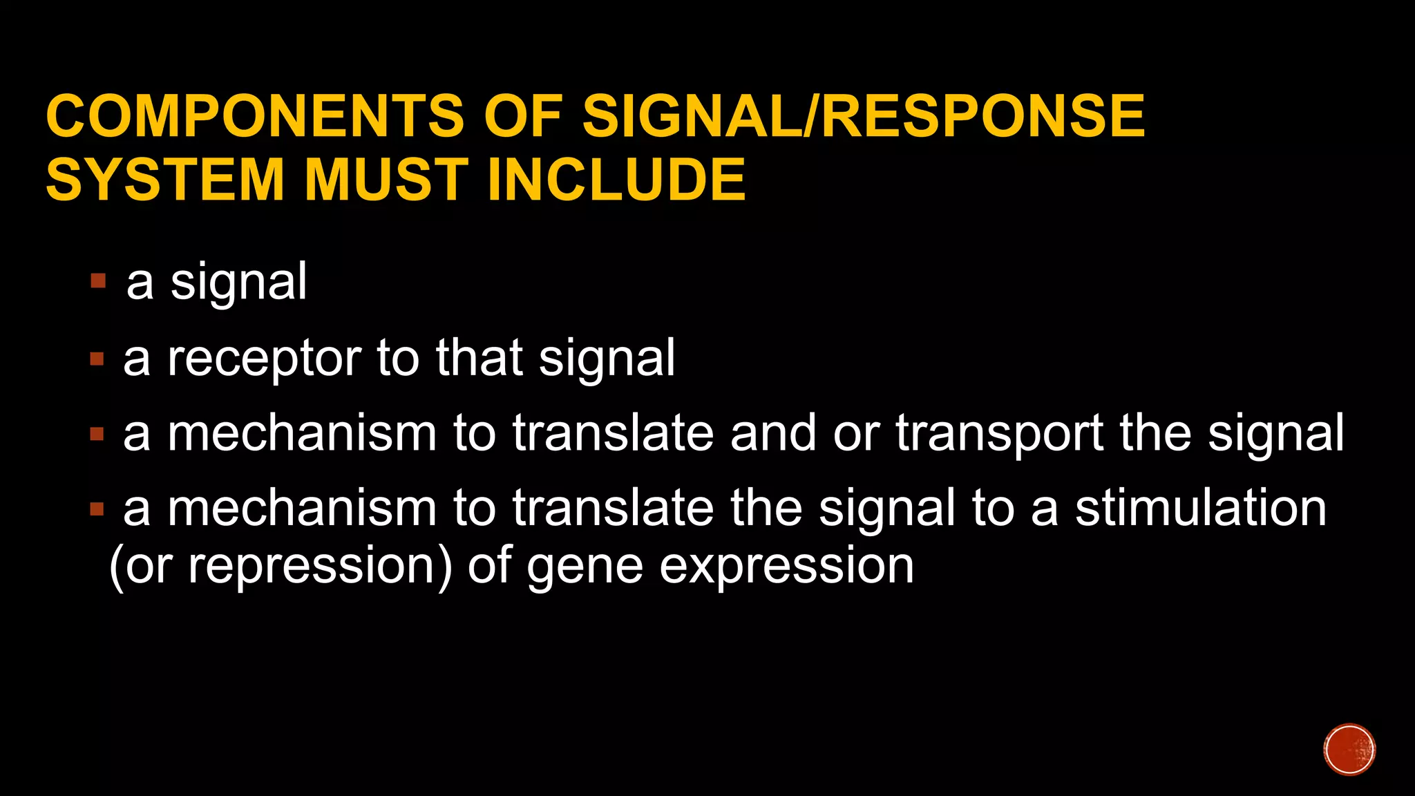 COMPONENTS OF SIGNAL/RESPONSE
SYSTEM MUST INCLUDE
 a signal
 a receptor to that signal
 a mechanism to translate and or transport the signal
 a mechanism to translate the signal to a stimulation
(or repression) of gene expression
 