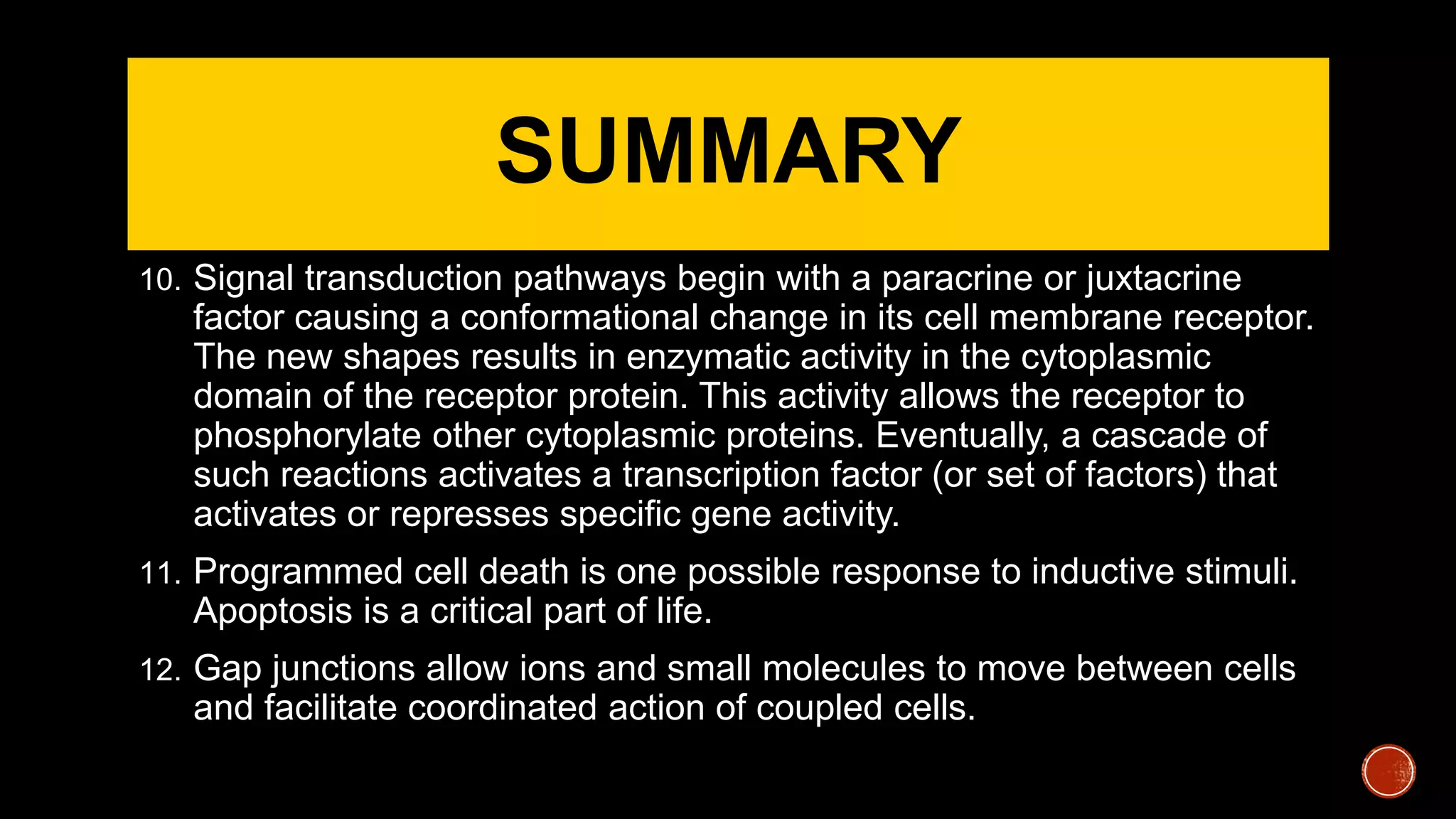 SUMMARY
10. Signal transduction pathways begin with a paracrine or juxtacrine
factor causing a conformational change in its cell membrane receptor.
The new shapes results in enzymatic activity in the cytoplasmic
domain of the receptor protein. This activity allows the receptor to
phosphorylate other cytoplasmic proteins. Eventually, a cascade of
such reactions activates a transcription factor (or set of factors) that
activates or represses specific gene activity.
11. Programmed cell death is one possible response to inductive stimuli.
Apoptosis is a critical part of life.
12. Gap junctions allow ions and small molecules to move between cells
and facilitate coordinated action of coupled cells.
 