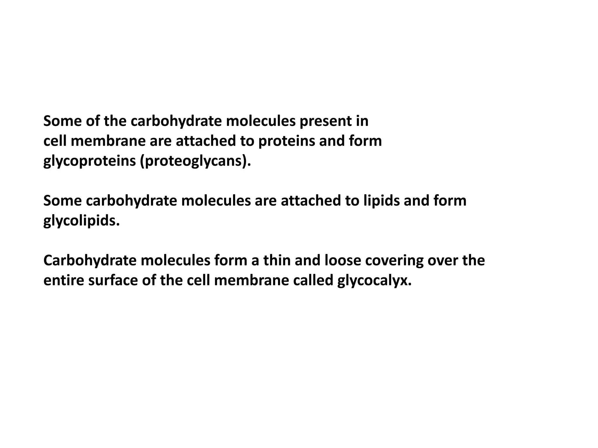 Some of the carbohydrate molecules present in
cell membrane are attached to proteins and form
glycoproteins (proteoglycans).
Some carbohydrate molecules are attached to lipids and form
glycolipids.
Carbohydrate molecules form a thin and loose covering over the
entire surface of the cell membrane called glycocalyx.
 