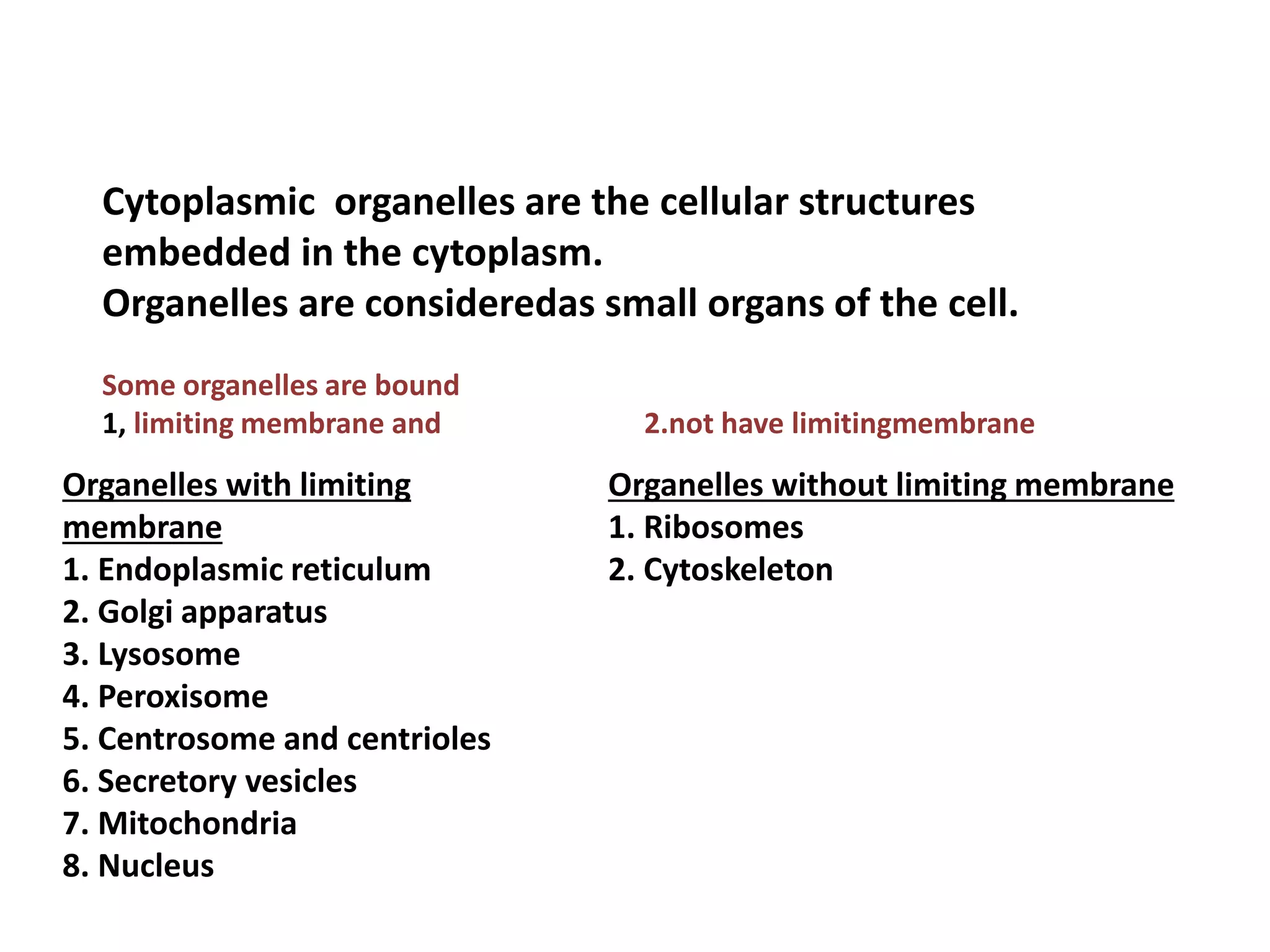 Organelles with limiting
membrane
1. Endoplasmic reticulum
2. Golgi apparatus
3. Lysosome
4. Peroxisome
5. Centrosome and centrioles
6. Secretory vesicles
7. Mitochondria
8. Nucleus
Cytoplasmic organelles are the cellular structures
embedded in the cytoplasm.
Organelles are consideredas small organs of the cell.
Some organelles are bound
1, limiting membrane and 2.not have limitingmembrane
Organelles without limiting membrane
1. Ribosomes
2. Cytoskeleton
 