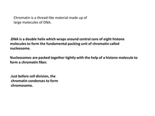 .DNA is a double helix which wraps around central core of eight histone
molecules to form the fundamental packing unit of chromatin called
nucleosome.
Nucleosomes are packed together tightly with the help of a histone molecule to
form a chromatin fiber.
.Just before cell division, the
chromatin condenses to form
chromosome.
Chromatin is a thread-like material made up of
large molecules of DNA.
 