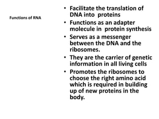 Functions of RNA
• Facilitate the translation of
DNA into proteins
• Functions as an adapter
molecule in protein synthesis
• Serves as a messenger
between the DNA and the
ribosomes.
• They are the carrier of genetic
information in all living cells
• Promotes the ribosomes to
choose the right amino acid
which is required in building
up of new proteins in the
body.
 