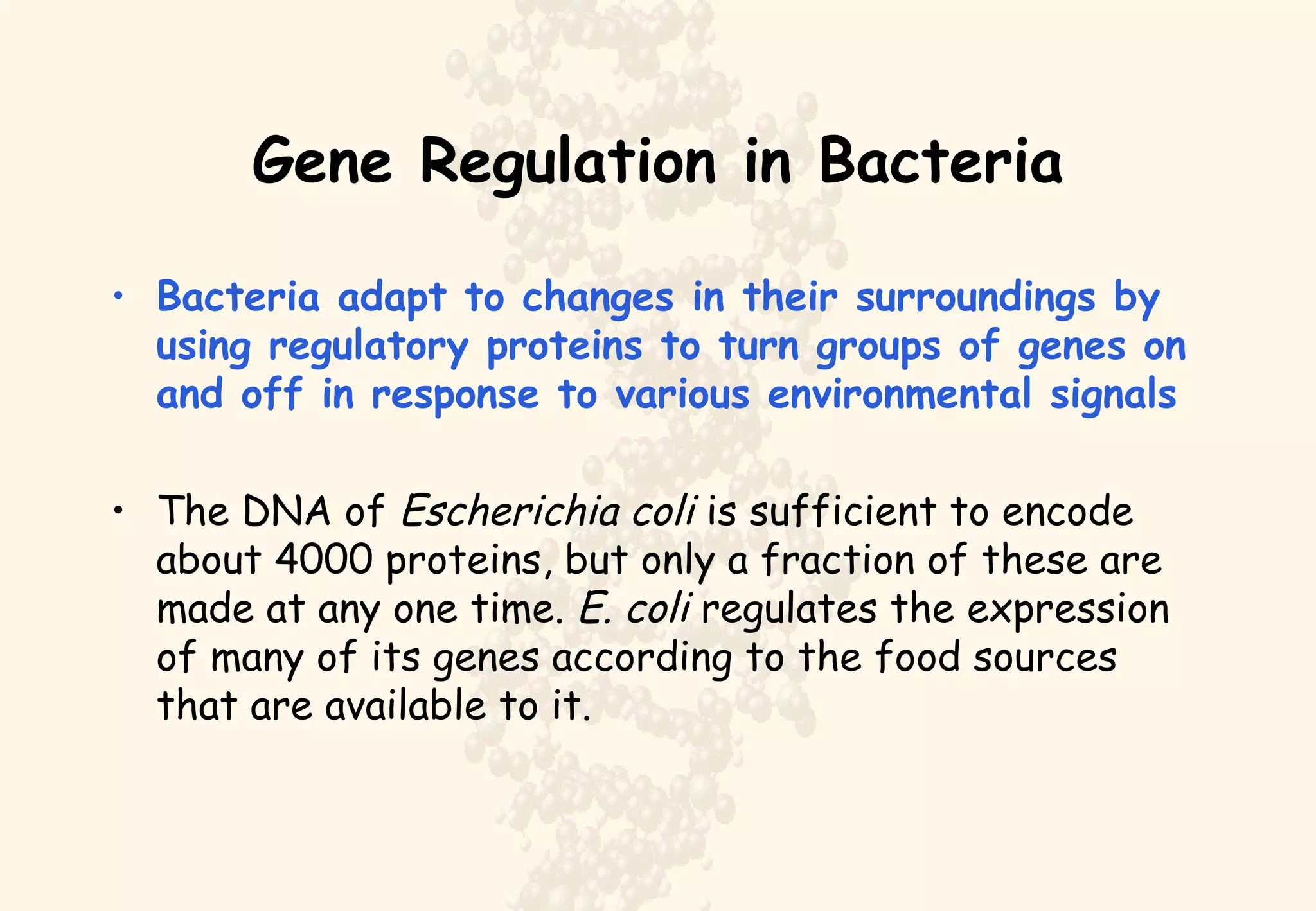 Gene Regulation in Bacteria Bacteria adapt to changes in their surroundings by using regulatory proteins to turn groups of genes on and off in response to various environmental signals The DNA of  Escherichia coli  is sufficient to encode about 4000 proteins, but only a fraction of these are made at any one time.  E. coli  regulates the expression of many of its genes according to the food sources that are available to it. 