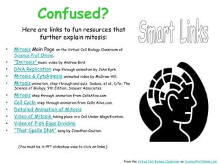 Confused?
Here are links to fun resources that
further explain mitosis:
• Mitosis Main Page on the Virtual Cell Biology Classroom of
Science Prof Online.
• “Imitosis” music video by Andrew Bird.
• DNA Replication step-through animation by John Kyrk.
• Mitosis & Cytokinesis animated video by McGraw-Hill.
• Mitosis animation, step-through and quiz, Sadava, et al., Life: The
Science of Biology, 9th Edition, Sinauer Associates.
• Mitosis step through animation from CellsAlive.com
• Cell Cycle step through animation from Cells Alive.com.
• Detailed Animation of Mitosis
• Video of Mitosis taking place in a Cell Under Magnification.
• Video of Fish Eggs Dividing
• “That Spells DNA” song by Jonathan Coulton.
(You must be in PPT slideshow view to click on links.)
From the Virtual Cell Biology Classroom on ScienceProfOnline.com
 