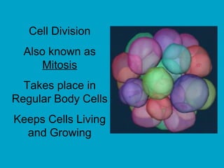 Cell Division
Also known as
Mitosis
Takes place in
Regular Body Cells
Keeps Cells Living
and Growing
 