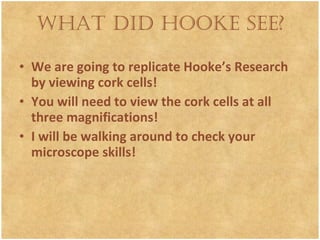 What did hooke see? We are going to replicate Hooke’s Research by viewing cork cells!  You will need to view the cork cells at all three magnifications!  I will be walking around to check your microscope skills! 