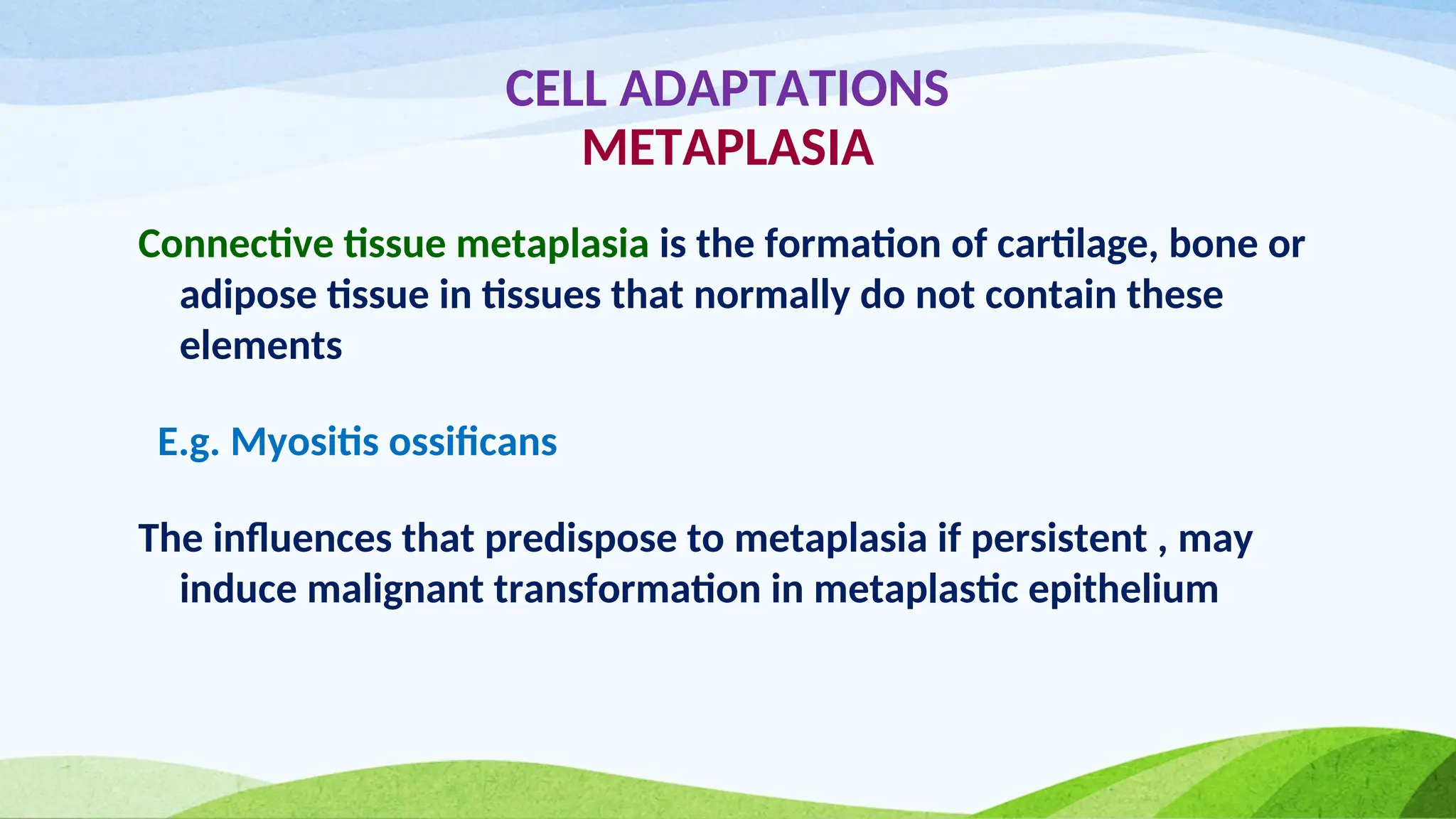 CELL ADAPTATIONS
METAPLASIA
Connective tissue metaplasia is the formation of cartilage, bone or
adipose tissue in tissues that normally do not contain these
elements
E.g. Myositis ossificans
The influences that predispose to metaplasia if persistent , may
induce malignant transformation in metaplastic epithelium
 