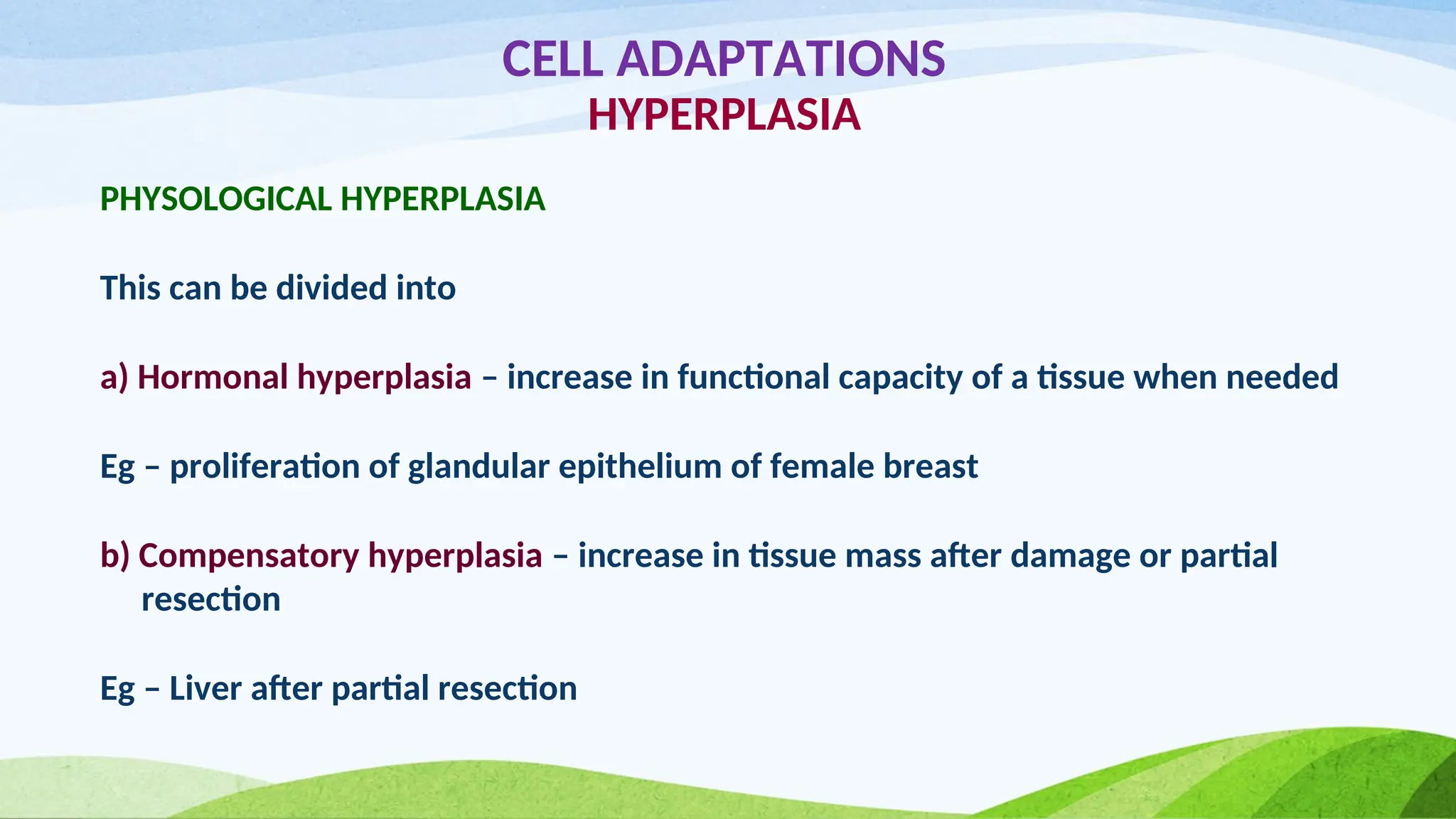 CELL ADAPTATIONS
HYPERPLASIA
PHYSOLOGICAL HYPERPLASIA
This can be divided into
a) Hormonal hyperplasia – increase in functional capacity of a tissue when needed
Eg – proliferation of glandular epithelium of female breast
b) Compensatory hyperplasia – increase in tissue mass after damage or partial
resection
Eg – Liver after partial resection
 