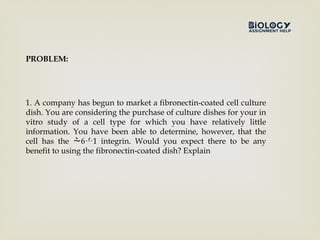 1. A company has begun to market a fibronectin-coated cell culture
dish. You are considering the purchase of culture dishes for your in
vitro study of a cell type for which you have relatively little
information. You have been able to determine, however, that the
cell has the 6 1 integrin. Would you expect there to be any
 
benefit to using the fibronectin-coated dish? Explain
PROBLEM:
 